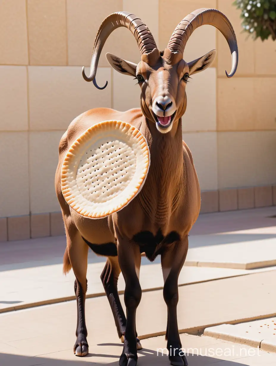 a Nubian Ibex happily  eating a matzah at Ben Gurion University campus
