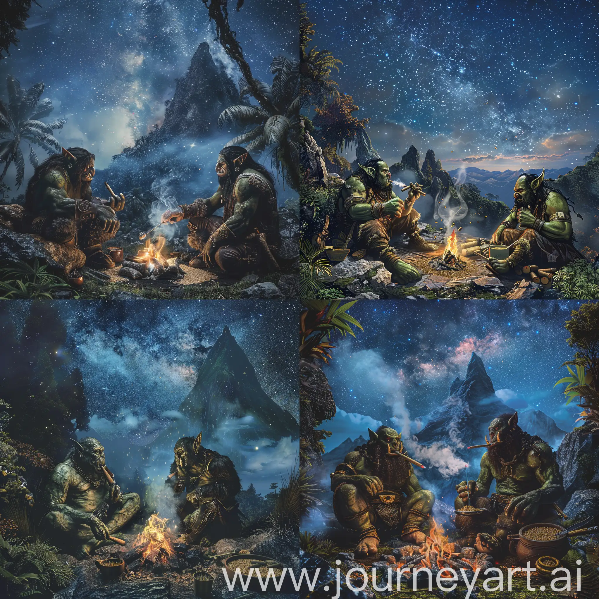 Горный лагерь двух орков, которые курят косяки , готовят суп и гречку, сидят рядом с костром ,  на фоне звездного неба на горной вершине в тропическом лесу