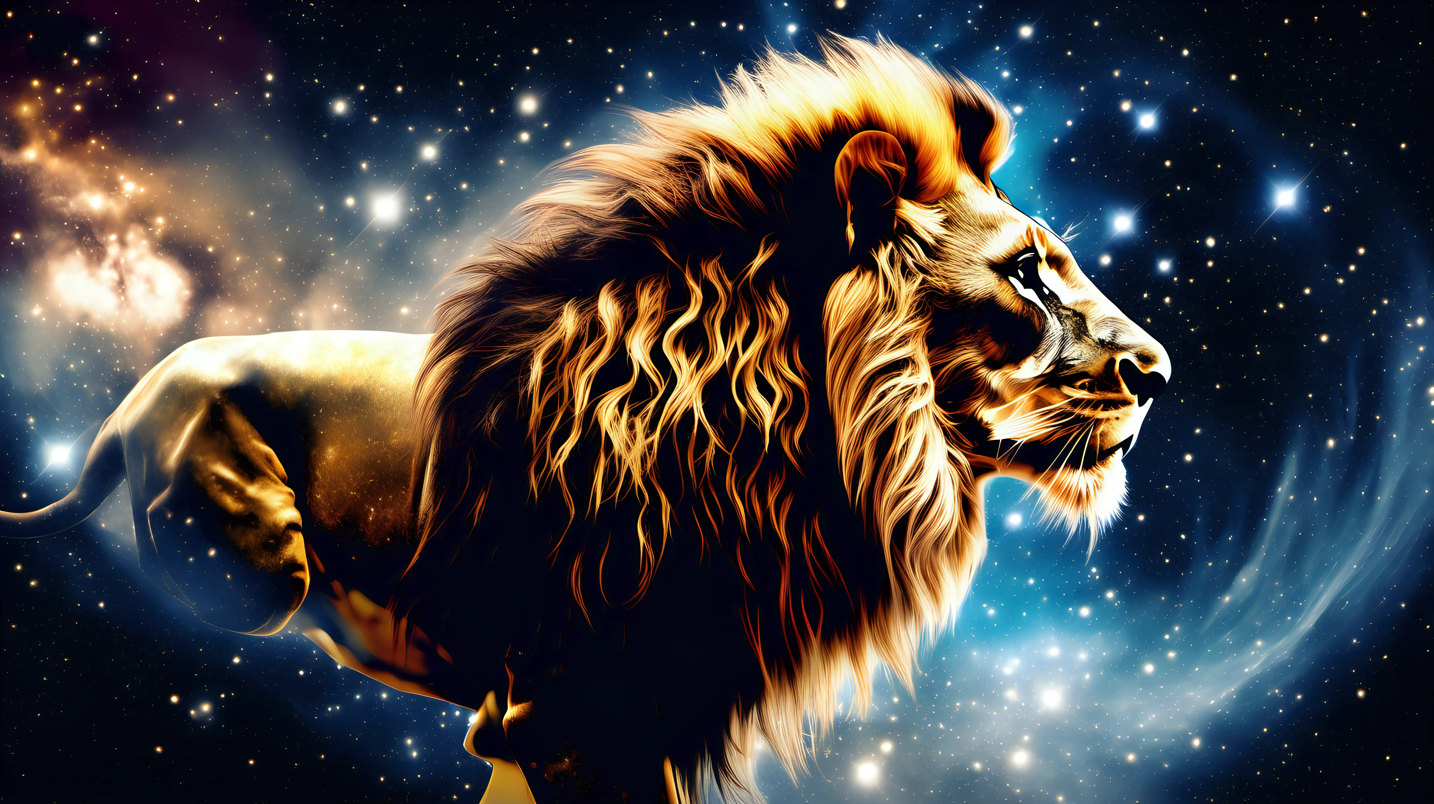 "Design a lion in a dynamic leap, leaving behind a trail of stardust as it transcends the boundaries between Earth and the cosmos, embodying the limitless spirit of exploration."