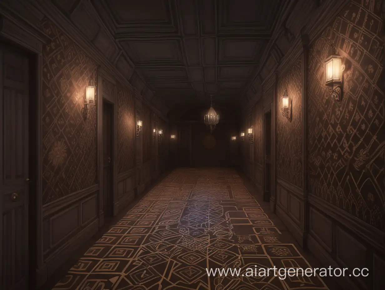 Just a large dark coridor, the walls and floor are painted dark brown. Magic patterns are still glowing on the floor.