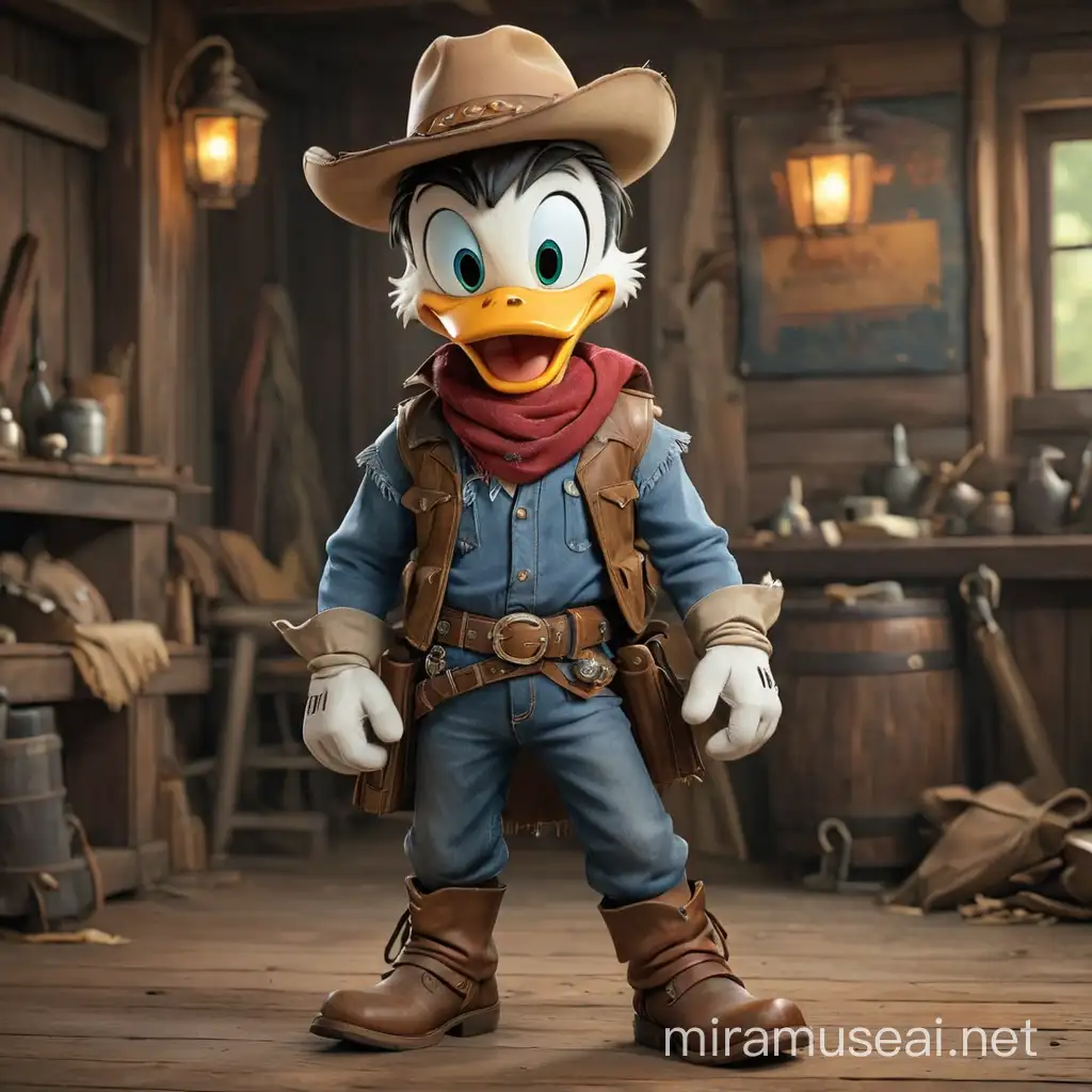 Disneys Donald Duck Cowboy Character with Worn Leather Chaps and Widebrimmed Hat