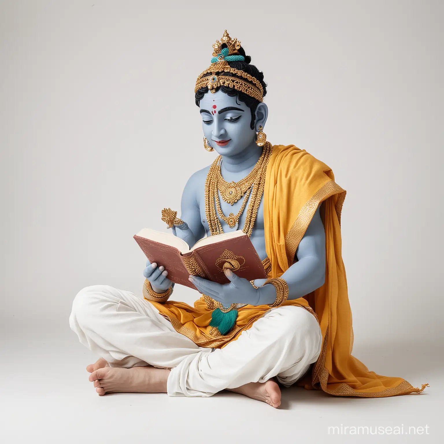 Lord Krishna Engrossed in Reading with a Serene White Background