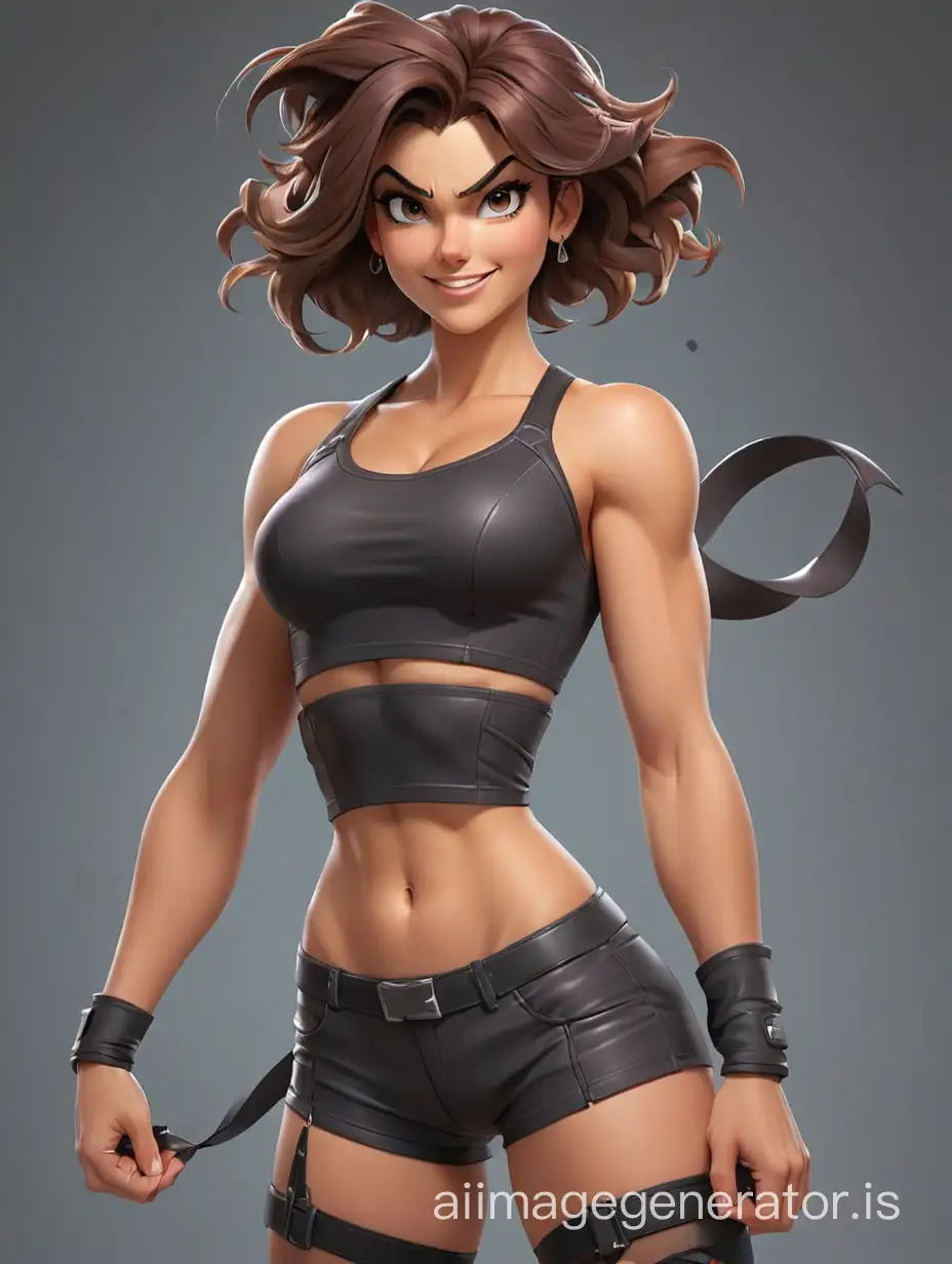 Psycho Girl FLEXING her muscles, with a sinister smile, LOOKING AT CAMERA, transparent midriff, whole body, full-length, ARTGERM style - her tight-fitting costume highlights her strong midriff + wide hips + muscular thighs, beautiful perfect skin, flirty and dynamic pose, 3d modern cartoon style, full view, 32k resolution