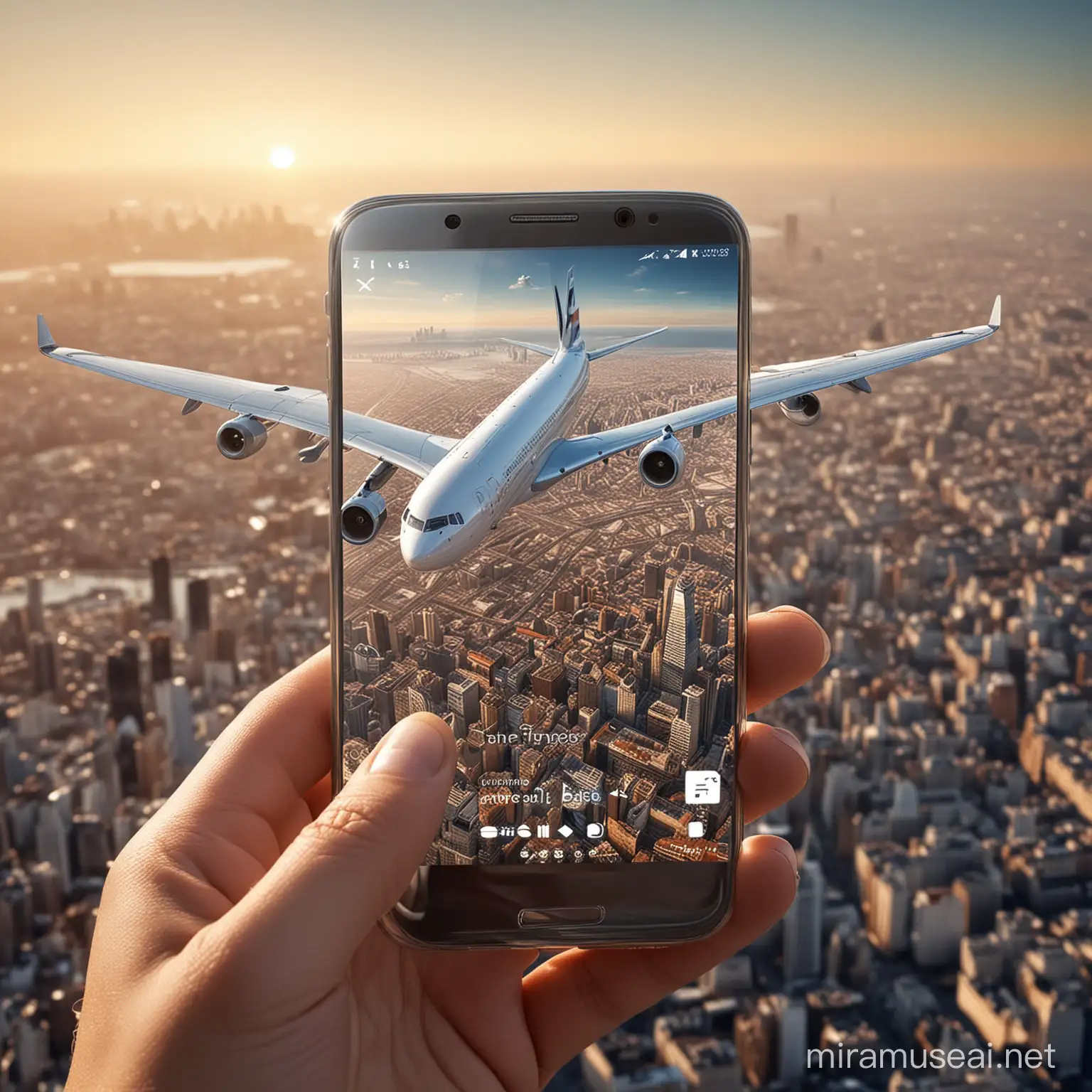 Create a highly stylized digital artwork that seamlessly blends a smartphone and a commercial airliner into one object. The smartphone's screen is to display a futuristic city skyline, indicating a travel theme, with the branding “Air France” prominently featured. The body of the airplane should emerge from the smartphone, suggesting they are one entity, to symbolize the intersection of advanced technology and luxury air travel. The style should be surrealistic and glossy, with a high degree of shine and reflection. The lighting should be dramatic, with a golden hue reminiscent of sunrise or sunset, adding to the premium feel of the composition. The background should be a gradient of soft white to highlight the silhouette of the combined objects, 32k render, hyperrealistic, detailled.
