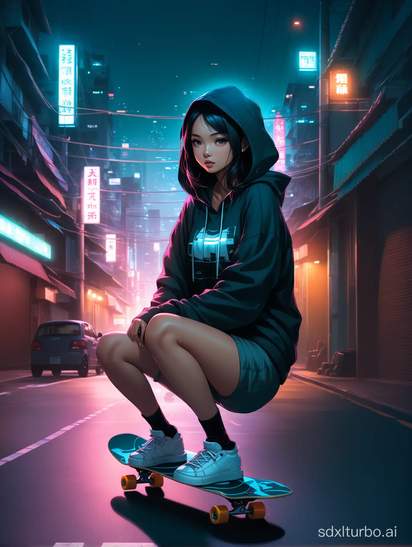 a Indonesian woman riding a skateboard down a street at night, realist style mixed with Fujifilm, Indonesian style 4K, inspired by Liam Wong, cinematic. by Leng Jun, cyberpunk realist girl in hoodie, by Liam Wong, Makoto Shinkai Cyril Rolando, Ross Tran 8K, realist style. 8K, realist. soft lighting, black haired girl wearing hoodie