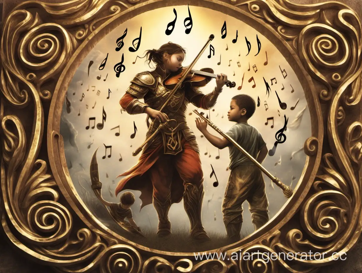Эмблема  на заднем фоне скрипичный ключ нота  на переднем плане воин помогает ребенку