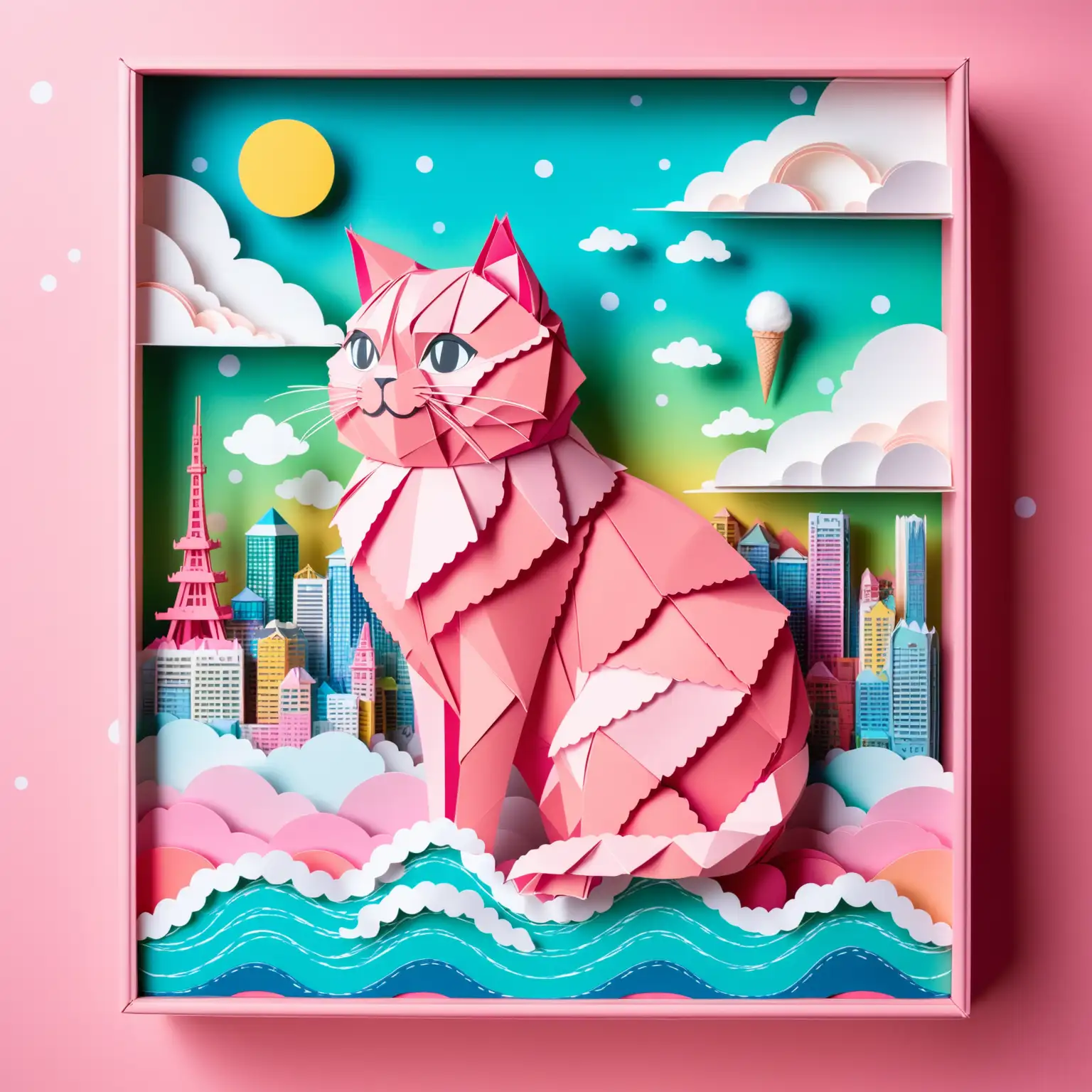 Abstract art paper art origami diorama of ghibli inspired image of a beautiful giant pink cat,smiling expression, in tokyo skyline, with clouds like waves and bubbles and sunshine and cotton candy and ice cream details.
