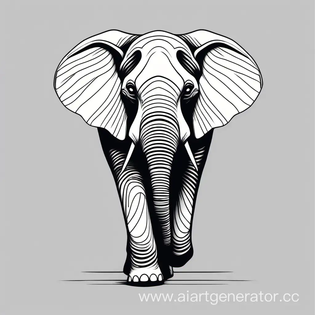 Минималистичный рисунок слона в стиле линейного искусства, чёрно-белые цвета 