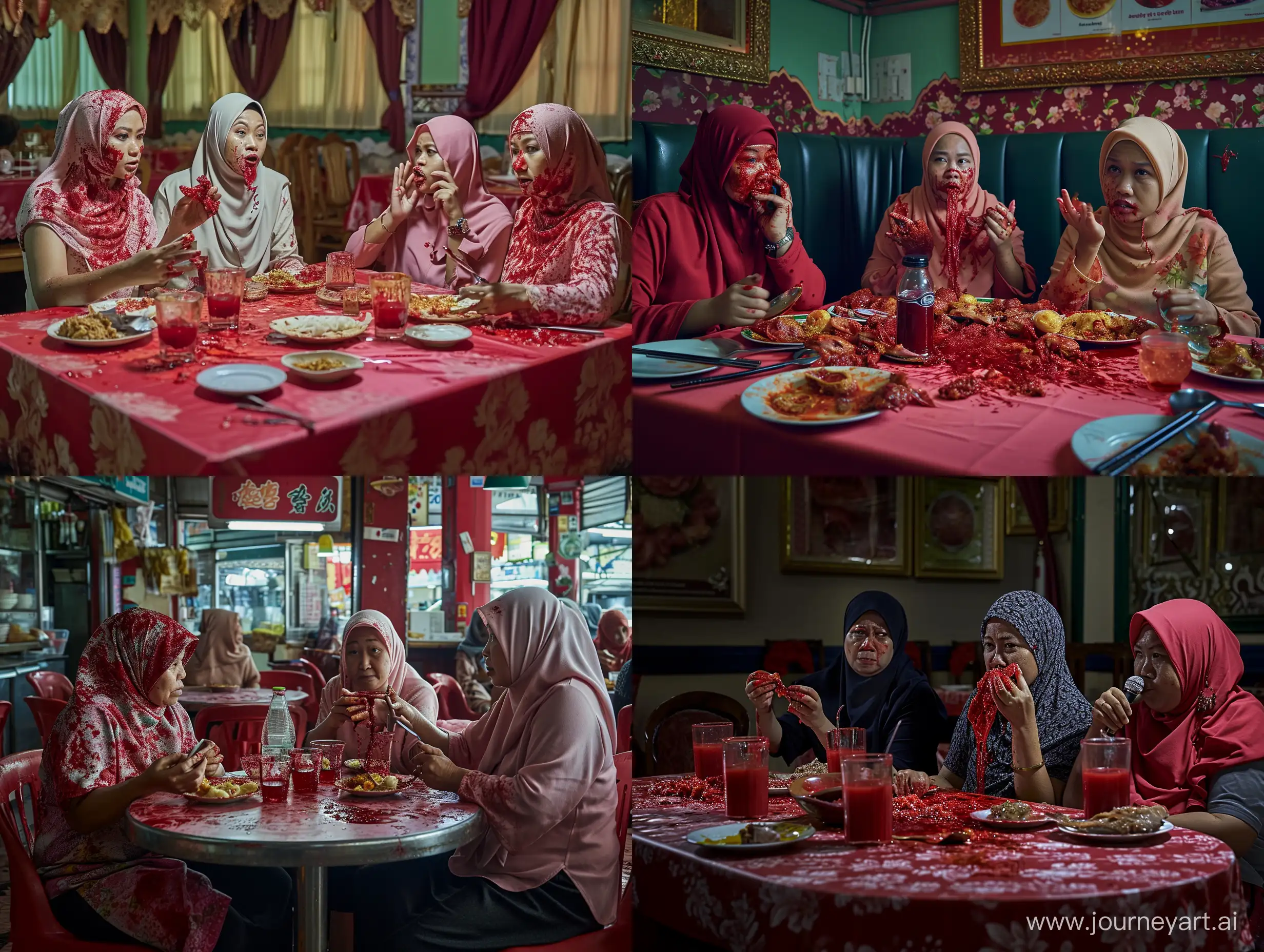 ultra realistic, some Malay women sat chatting while eating blood, malay restaurant, canon eos-id x mark iii dslr --v 6.0

