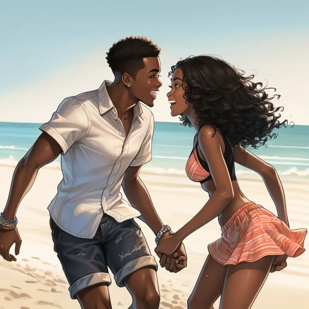 Black young couple flirting,at the beach,chasing eachother