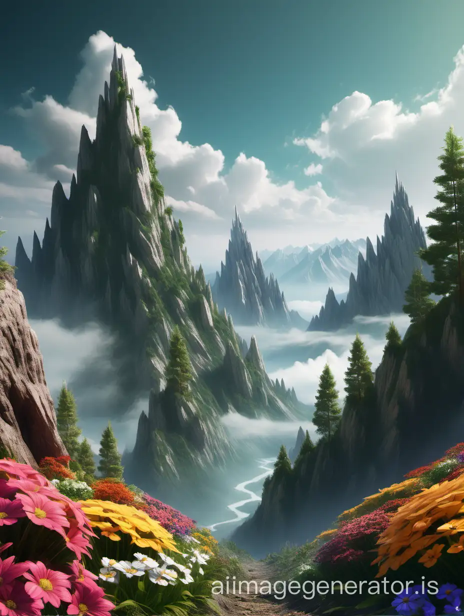 CONCEPT ART MOUNTAINS TREES PLANTS COLORFUL FLOWERS RENDER