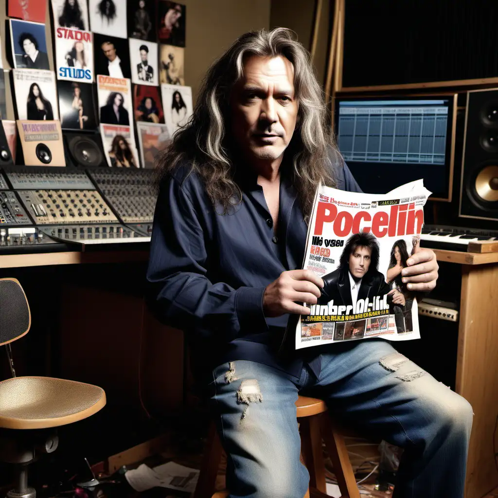 A male singer who is 52 years old. Under his arm is a magazine cover. He is sitting on a stool in a messy recording studio. He has long hair.