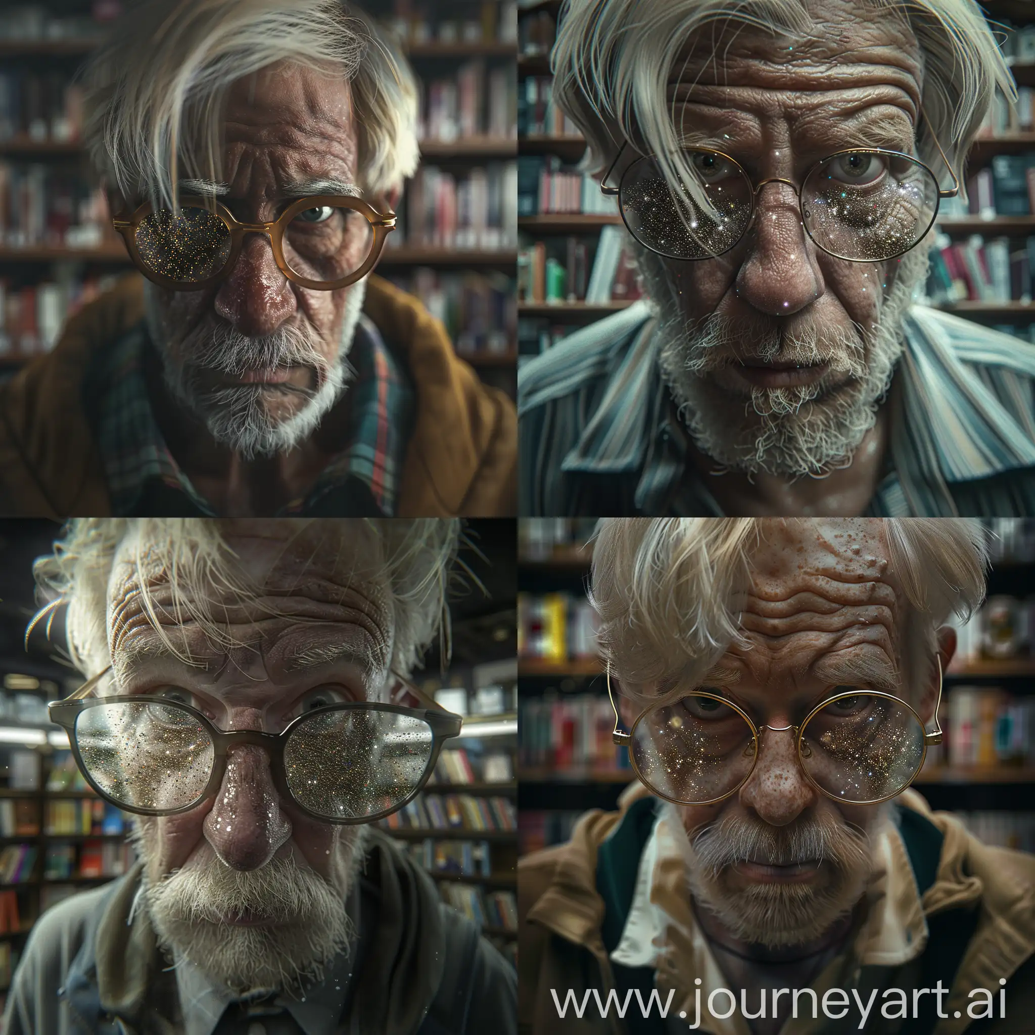bookstore, beardless old man looking at camera, blond hair, thick glasses, glitter on glasses, 8K image quality, ultra detail, gloomy atmosphere, hyper-realism 