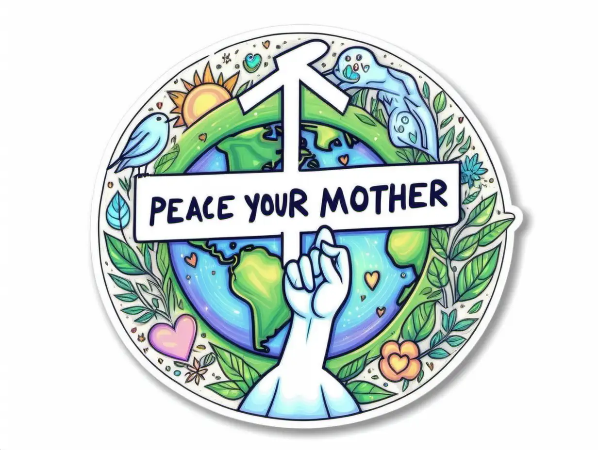 /imagine prompt: Peace Resource Project Love Your Mother Earth Environmental Climate Change , Sticker, Cute, Holographic, Art brut style, Contour, Vector, White Background, Detailed
