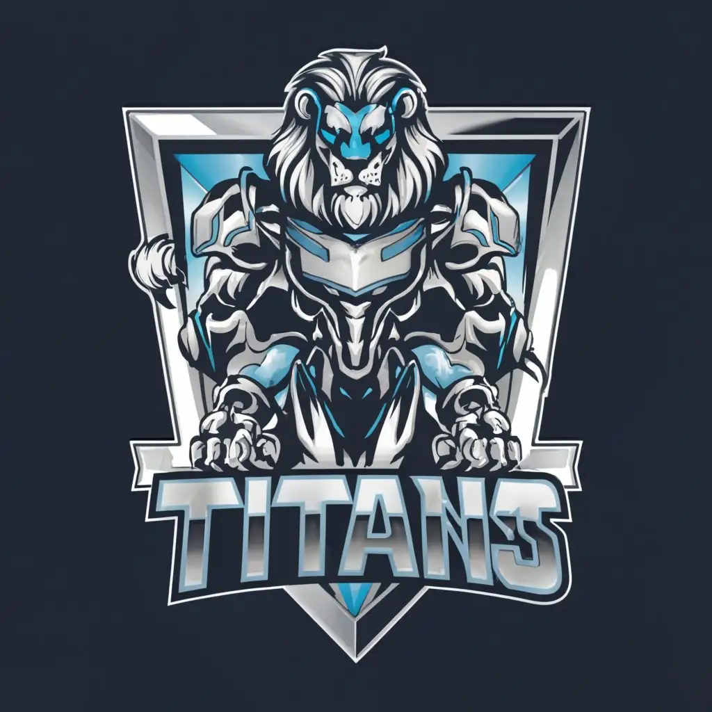 a logo design,with the text M.V "TITANS", main symbol:"Humanoid Robot lion robot" Navy blue and white primary colors holding the world on its shoulders as if it was the titan Atlas ,Moderate,clear background, Only include colors blue, white, black, and gray, simplify text, replace hand with lion claws