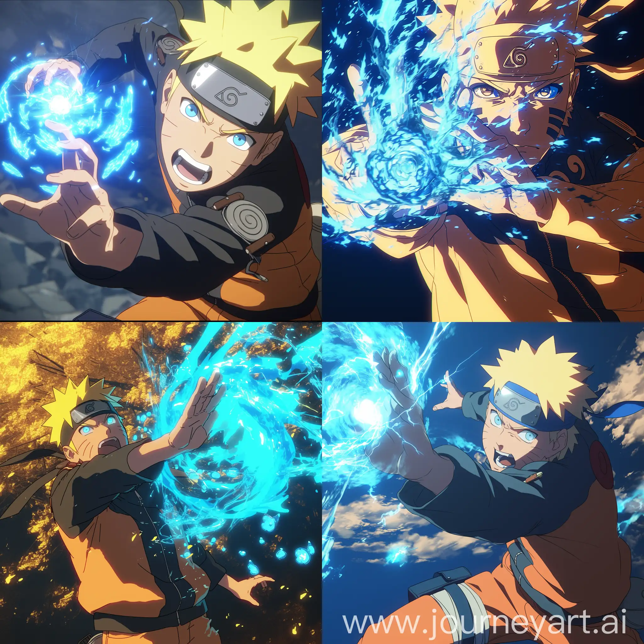 Anime screen grab of Naruto Uzumaki forming a blue Rasengan in his hand, kyuubi mode. --niji 6