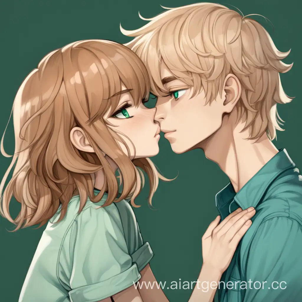 The guy with blondish hair and green-blue eyes. Short. The girl taller than the guy with brown eyes and chestnut hair hugs him and kisses him back.