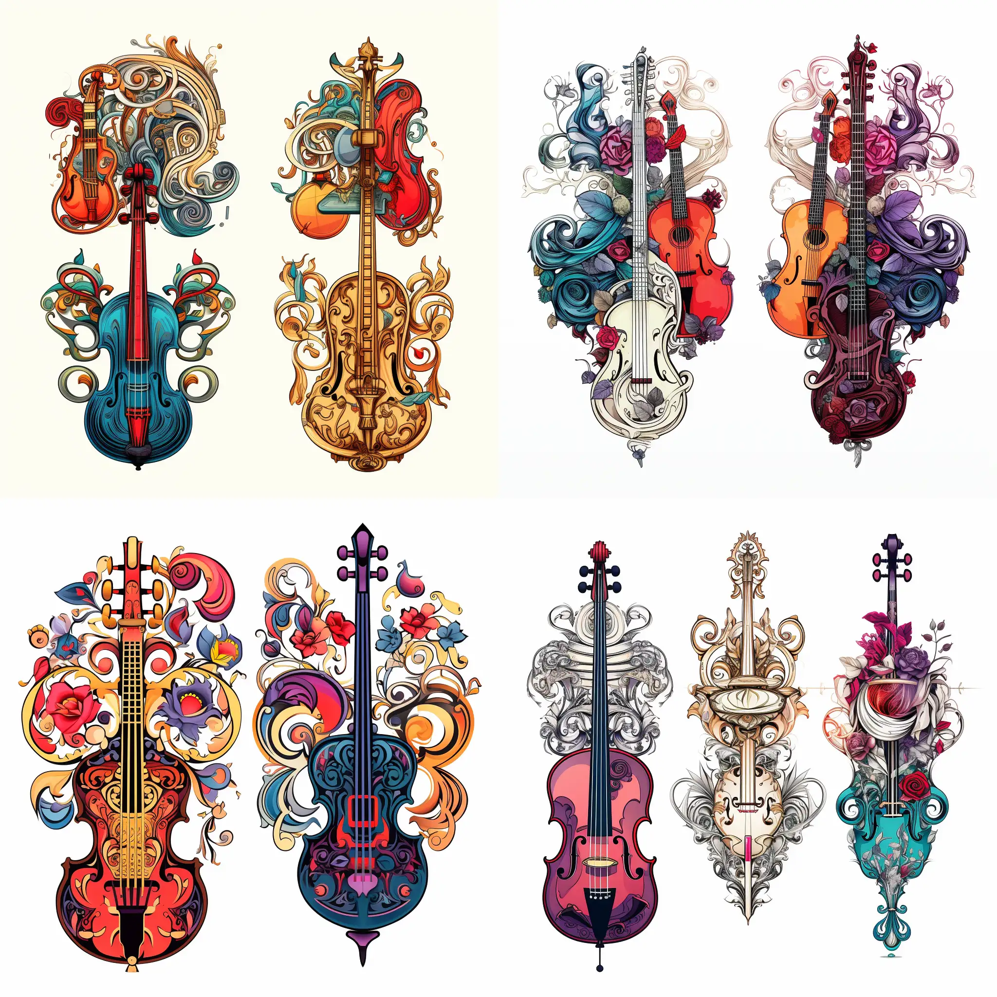 Four options, ornaments, with musical elements, lots of details, complex cpop art style, on a white background