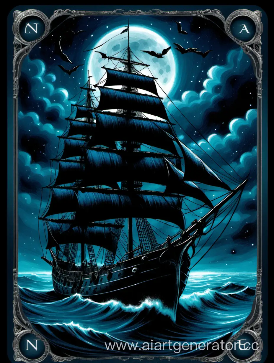 карта оракул в ночном океане старинный французский корабль на фоне темной ночи. карта в холодных тонах черного и синего.