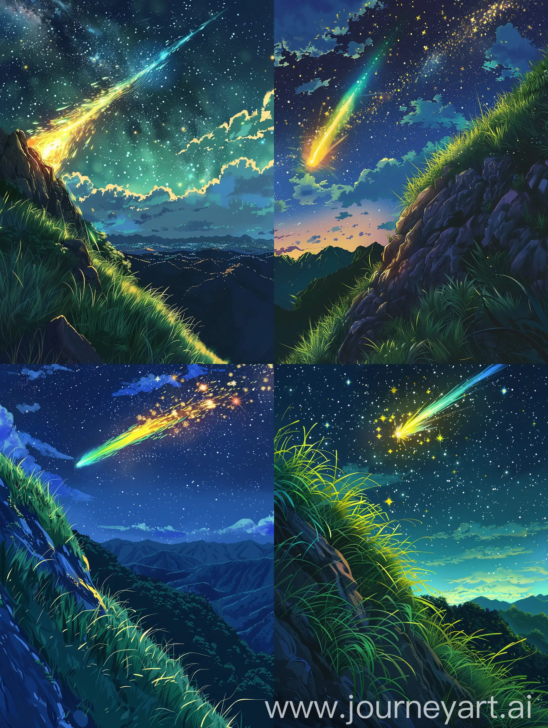 Anime style, from the mountain hill, a sky full of stars can be seen, where a yellow-blue-green meteor catches the light.  The grass on the mountain hill is radiant green due to the reflection of the moonlight, and the night sky is clear and full of stars.
