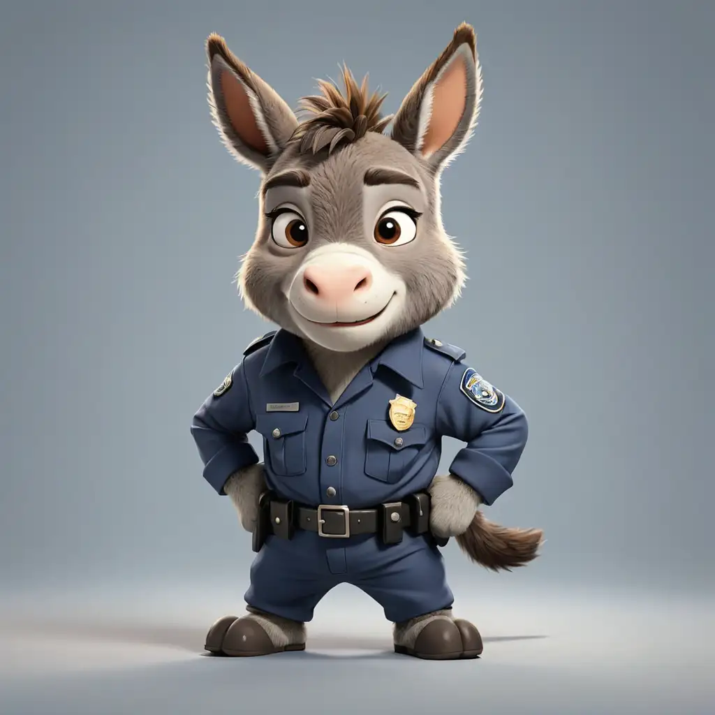a cute Donkey  in cartoon style in full body in Police clothes with clear background