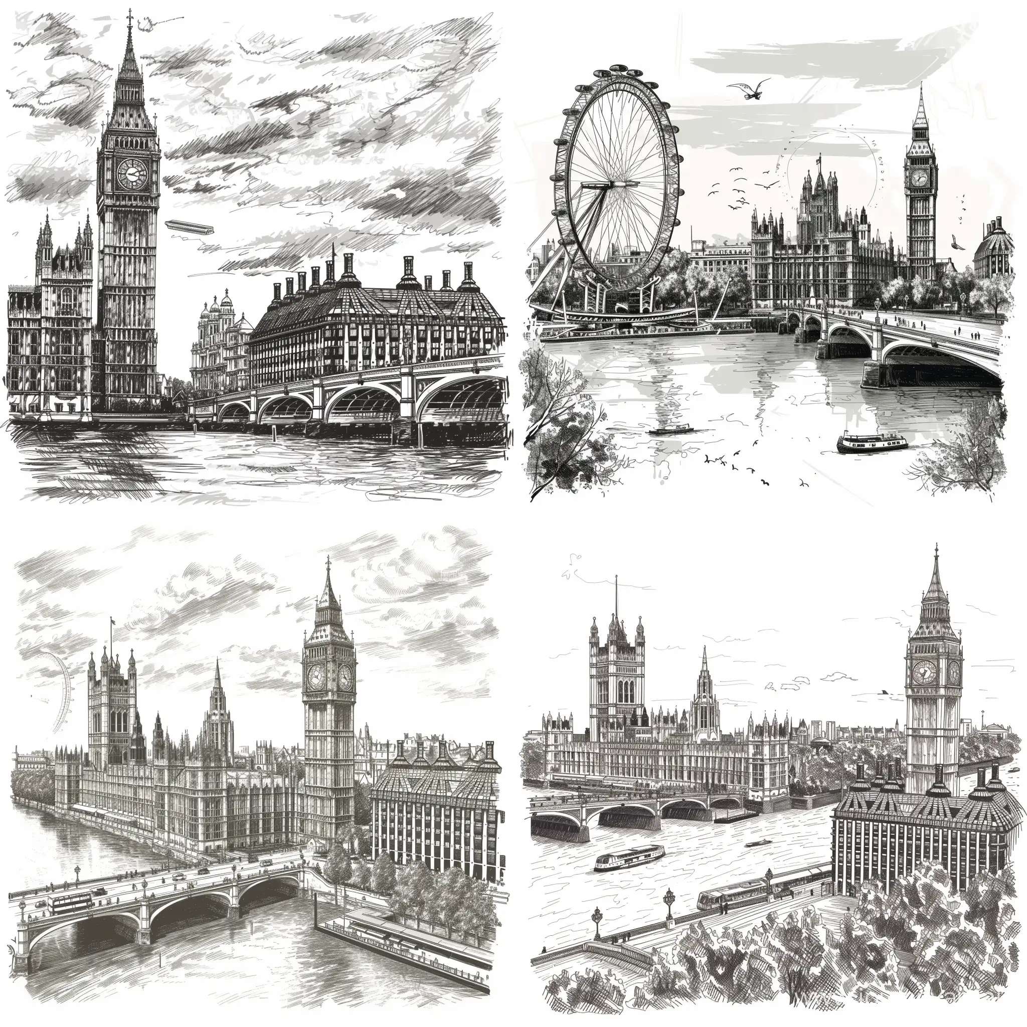 Vector monochrome graphic illustration of London, in sketch style, famous landmarks and tourist attraction, high quality details