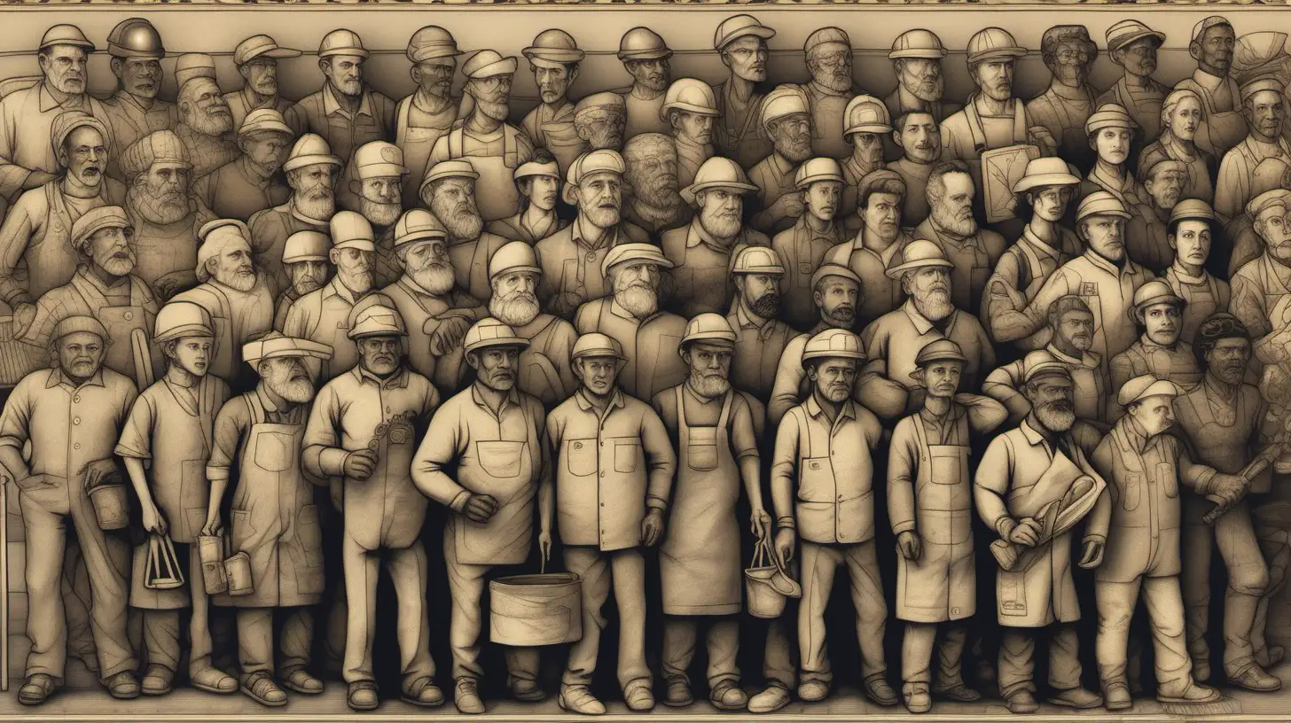 Craft an AI masterpiece illustrating the evolution of labor, depicting workers from various professions throughout history uniting in solidarity, with a modern twist symbolizing the interconnectedness of global labor forces
