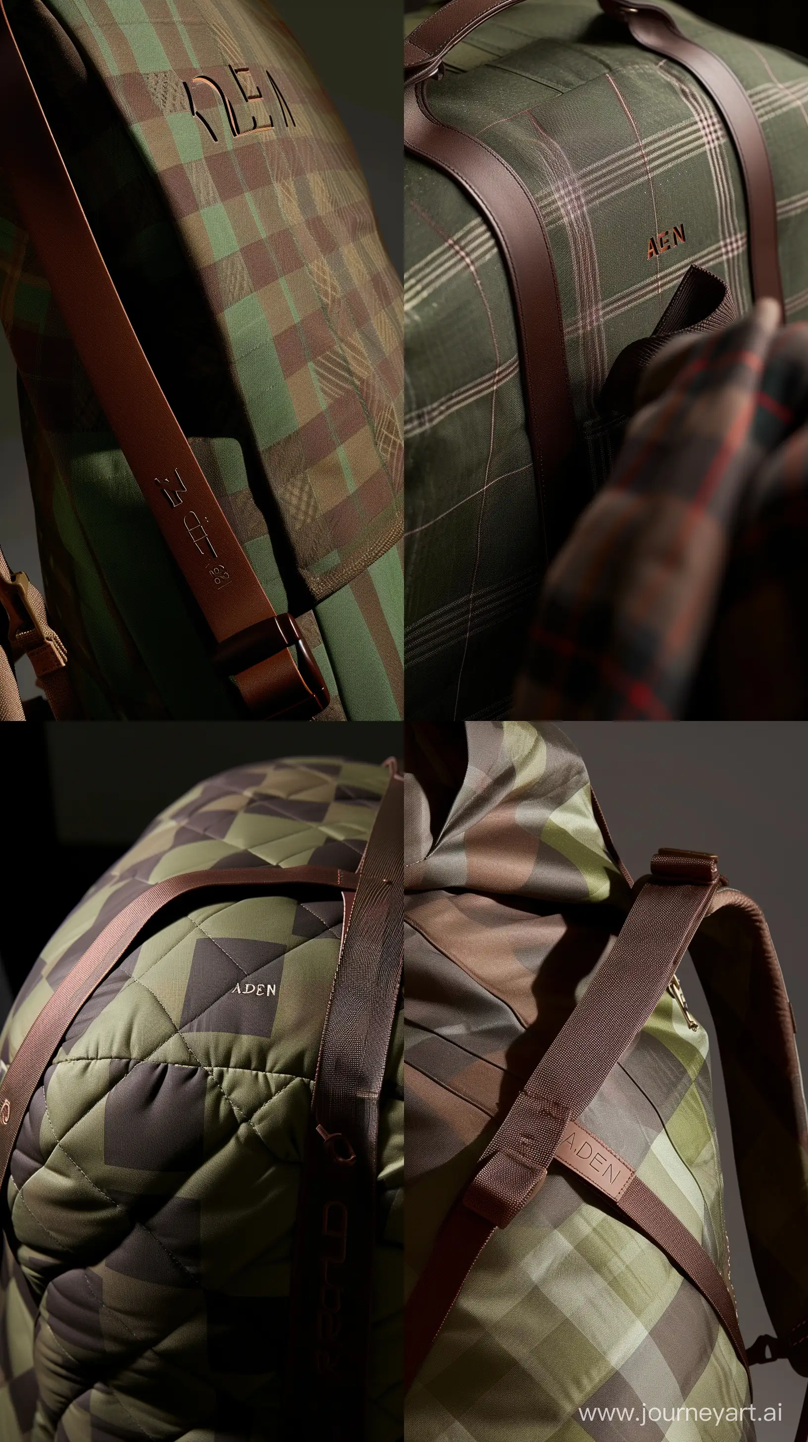 Product photography. Close-up of a The image features a large, green and brown checked backpack with a brown strap. The backpack has a unique design, with a checkered pattern on its surface. It appears to be a stylish and practical choice for carrying belongings. The backpack is positioned in the foreground of the image, with the brown strap clearly visible. With text "ADEN" It is placed at the top of the bag and engraved in it, which causes spacing and shadow --ar 9:16 --s 0 --style raw --v 6