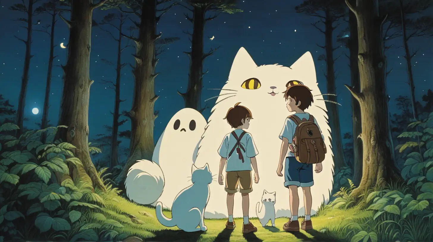 a boy with brown hair in a forest at night with a ghost cat, happy, peaceful, beauiful illustration of fantasy, ghibli, princess mononoke, soothing, dark, music, amazing detailed game poster, wide angle, Hayao Miyazaki --ar3:2 --niji 5