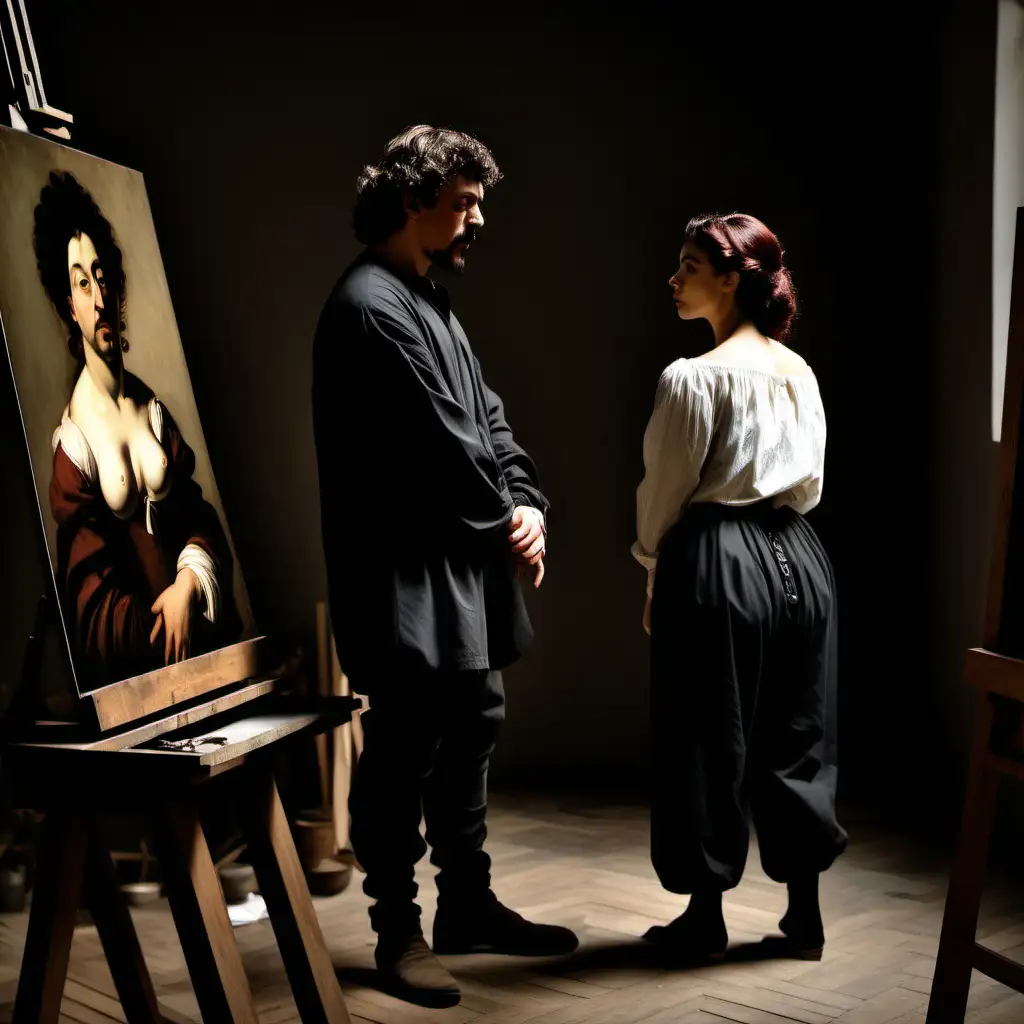 cinematic picture of italian baroque painter caravaggio in his studio. His model and lover is standing next to him. 