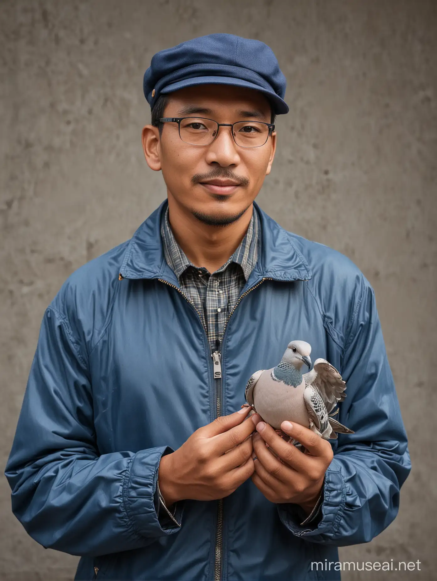 A Indonesia man in a blue jacket and hat is holding a bird of turtledove.