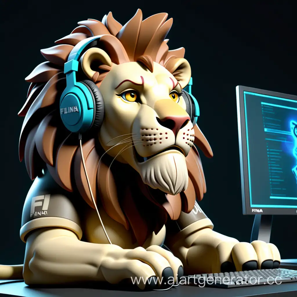 Лев сидит за компьютером играет в игры в наушниках  внизу надпись FILINA большими 3D буквами 