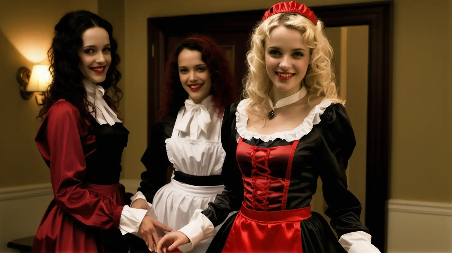girls in long crystal silk satin red black,lila retro victorian maid gown with white apron and peter pan colar and long sleeves costume and milf mothers long blonde and red hair,black hair rachel macadams  smile in turkish hotel