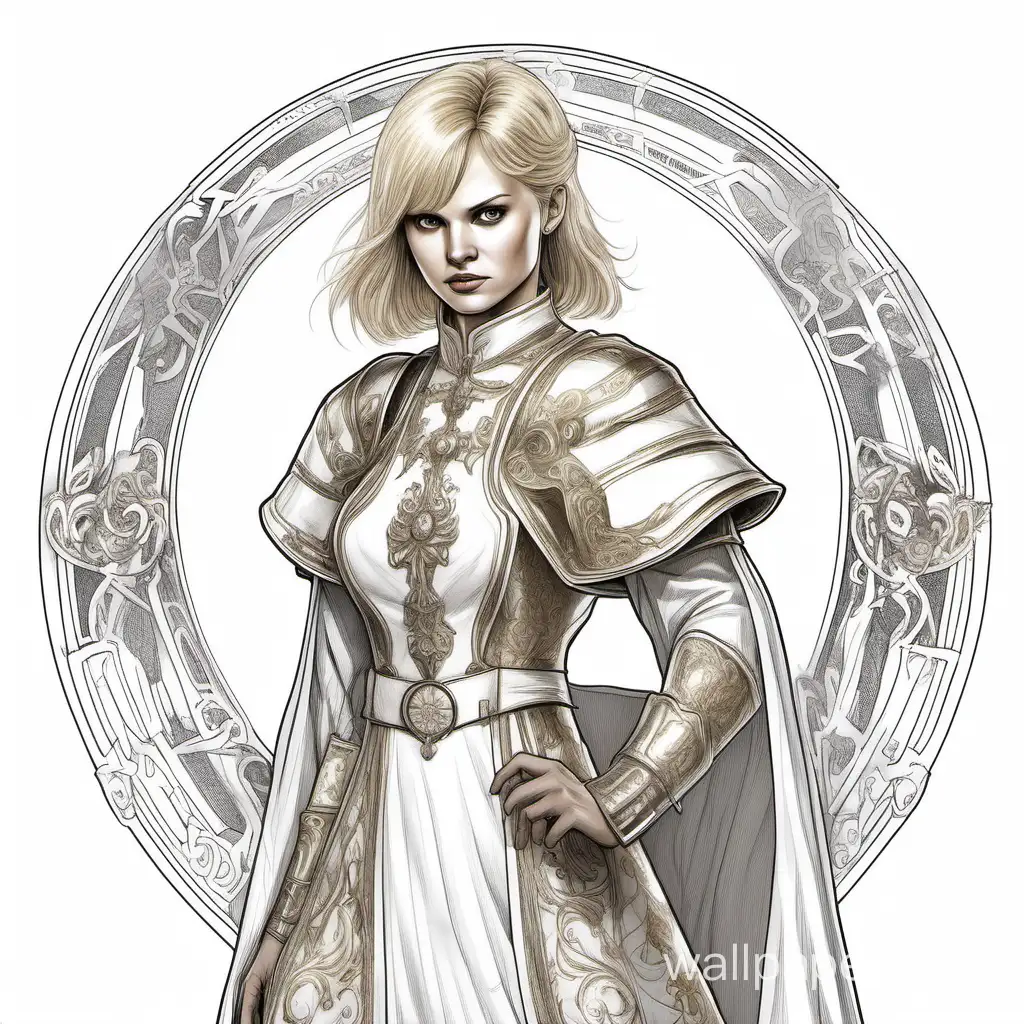 Young Svetlana Khorkina, long short hair with bangs, Scandinavian girl white mage lightning, large breasts size 4, narrow waist, wide hips, hoop, Byzantine white bodice with a deep neckline and short sleeves with metallic decorations, shoulder protection Skirt with metallic overlays, black and white sketch, white background, Victorian style