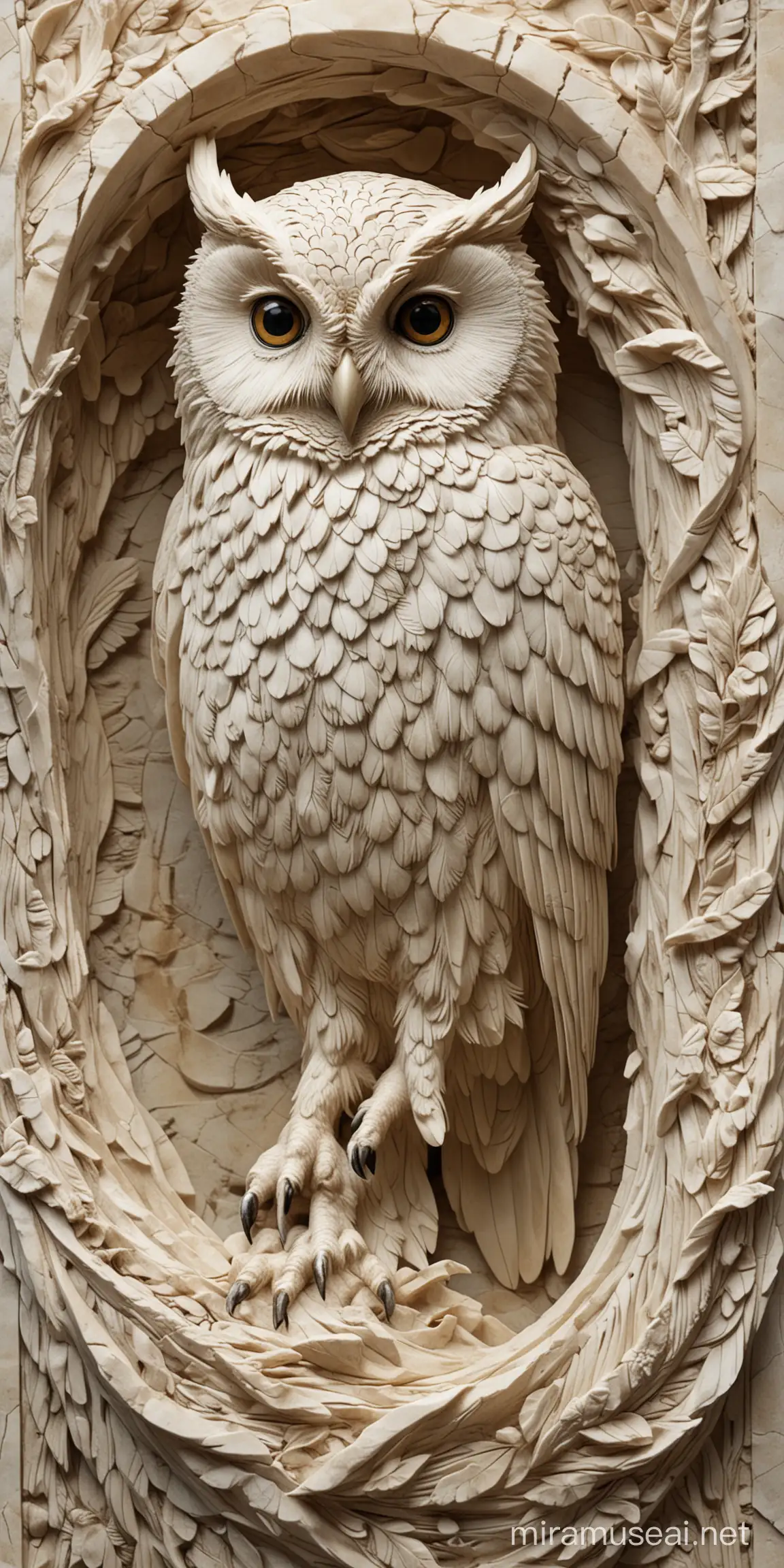 carved in alabaster, owl, realistic, sprial, 2d, textured background, no color


