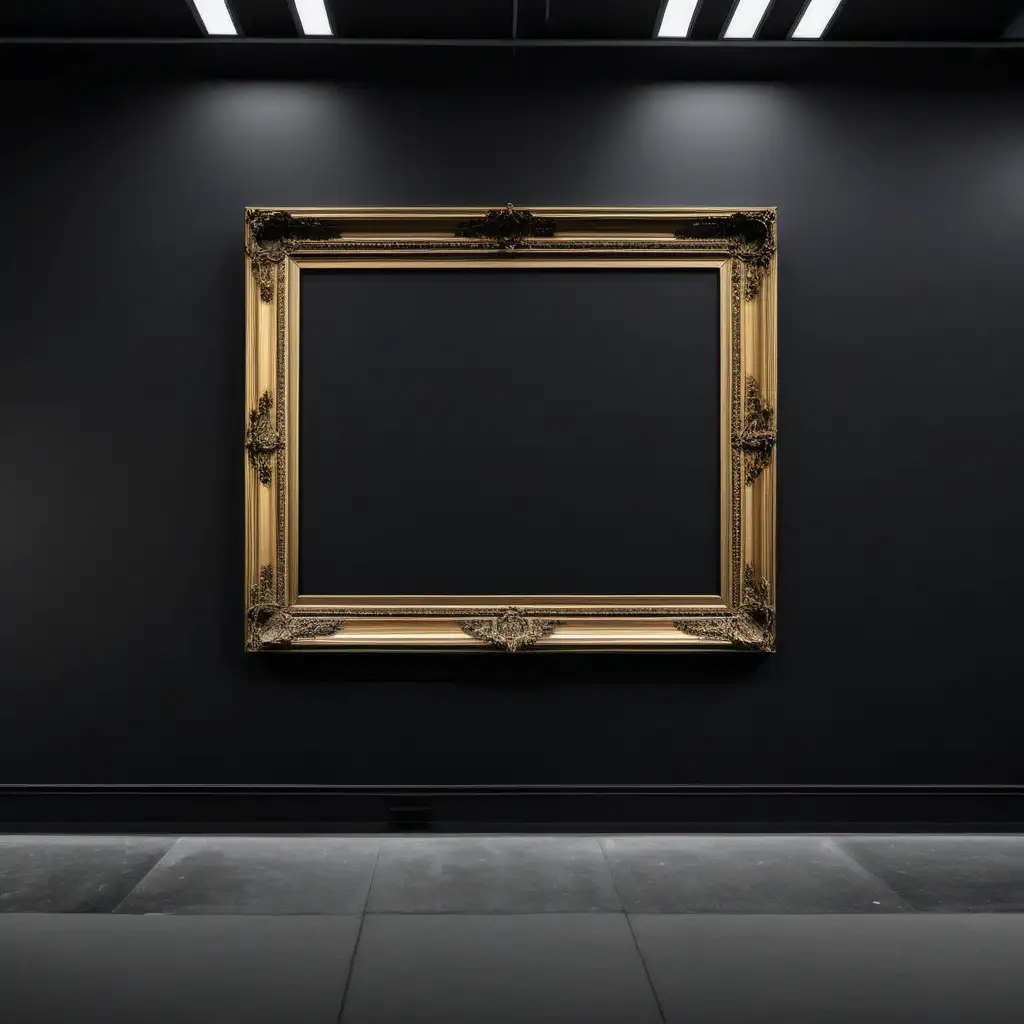 TWO HORIZONTAL GIANT GOLD FRAMED BLACK CANVASES ON DARK ART MUSEUM WALL
