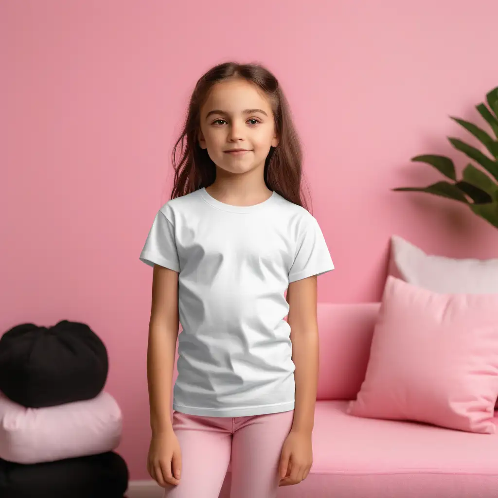 PLAIN blank, black,  T-SHIRT, bella 3000 mock-up photo, young kid girl ,t-shirt frontage for showcasing designs,  good lighting .well-lit indoor room that is  furnished in pink and white furniture,in the background, fun pink aesthetic
