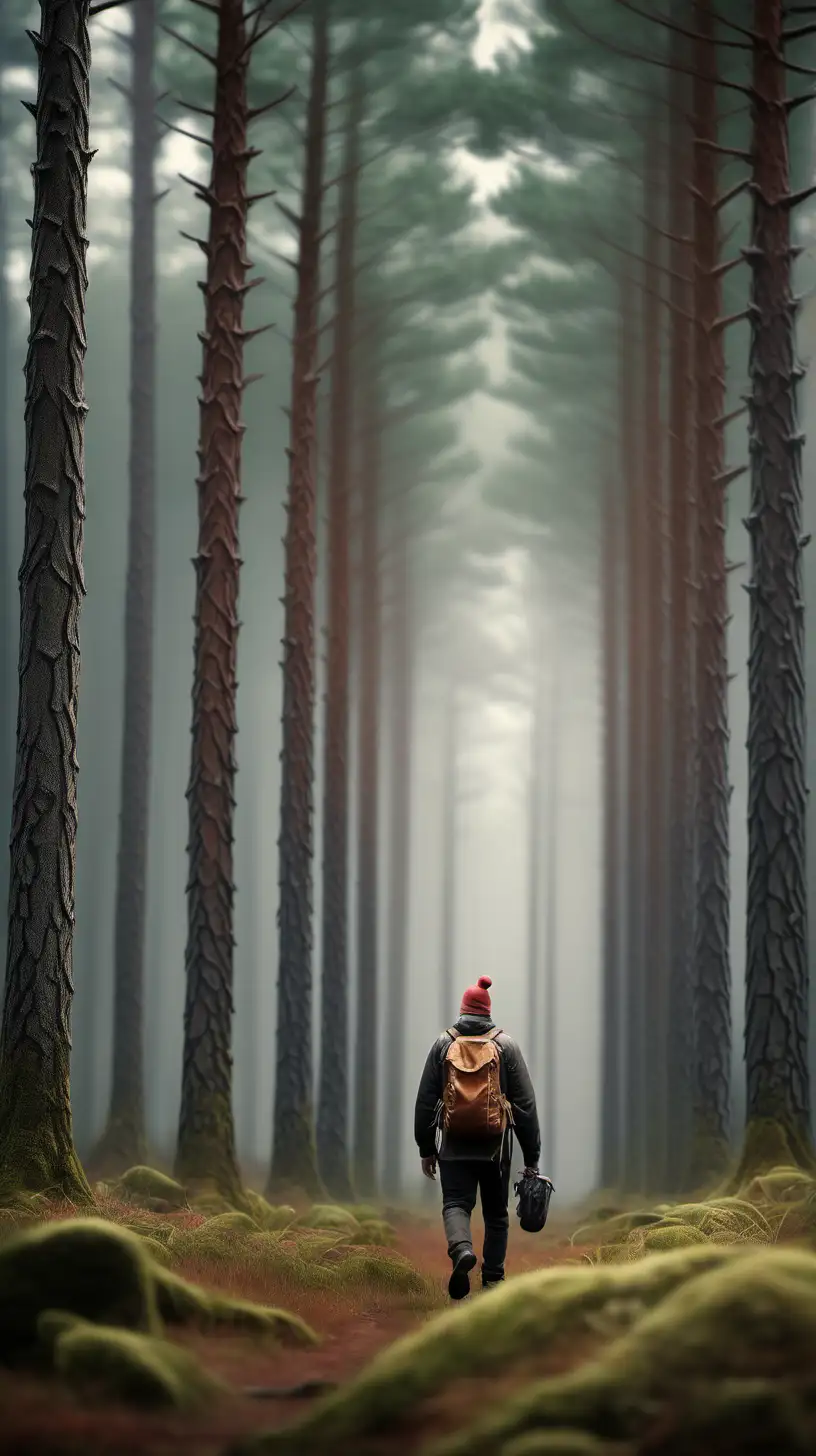 norwegian forest with huge pinewood trees. One bald guy with beanie and backpack is walking through the forest towards a huge oak in the horizon. make it photo realistic and 120 mm


