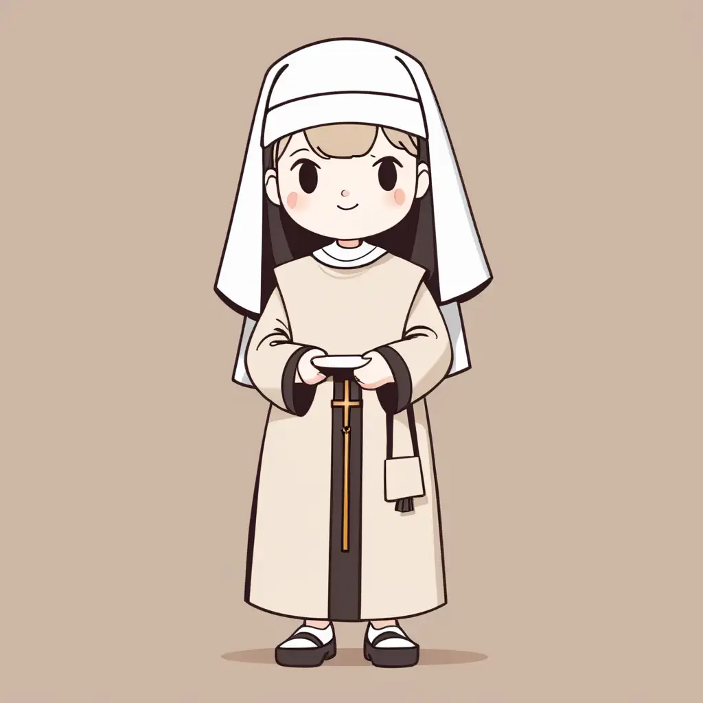 Adorable FullBody Nun in Beige Habit Illustration of a Sweet Religious Figure