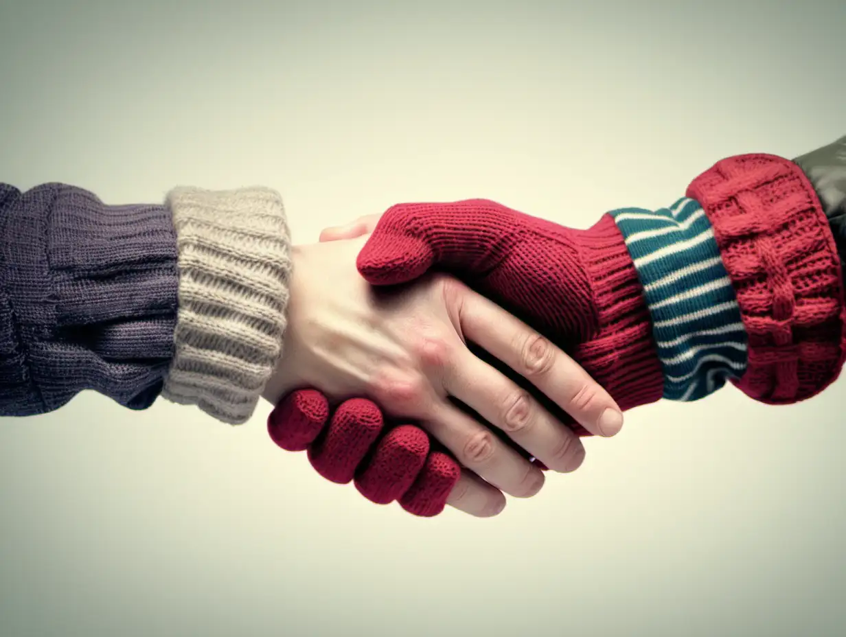two hands giving each other a handshake. Both hands are wearing mittens