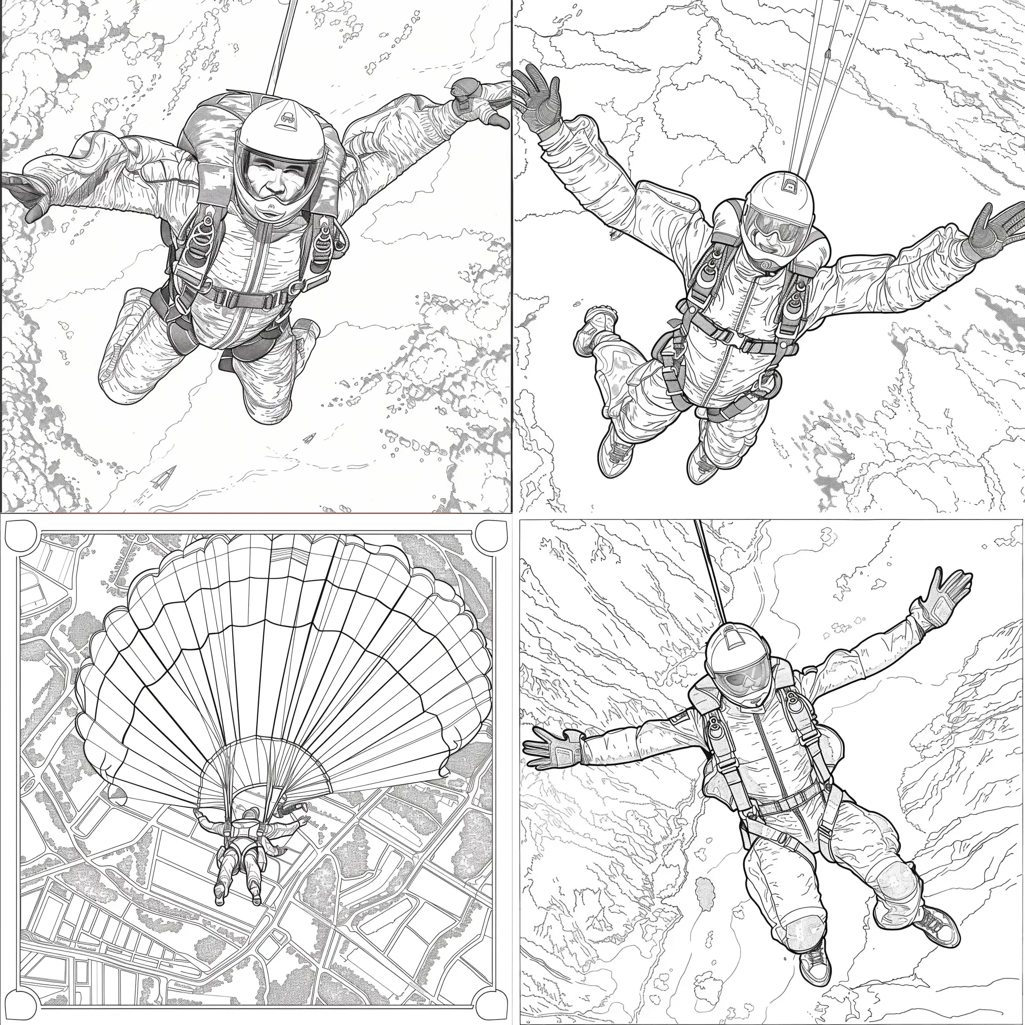 Imagine a coloring book page for 8.5 x 11, no background, no frame, Skydiving