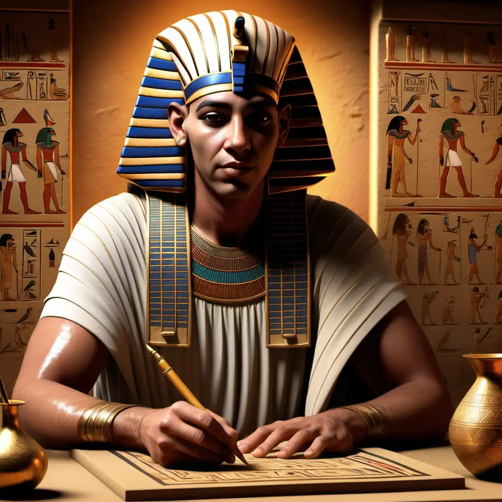 Erstelle eine realitätsnahe Abbildung eines Schreibers aus dem alten Ägypten. Er sollte einfach aussehen.