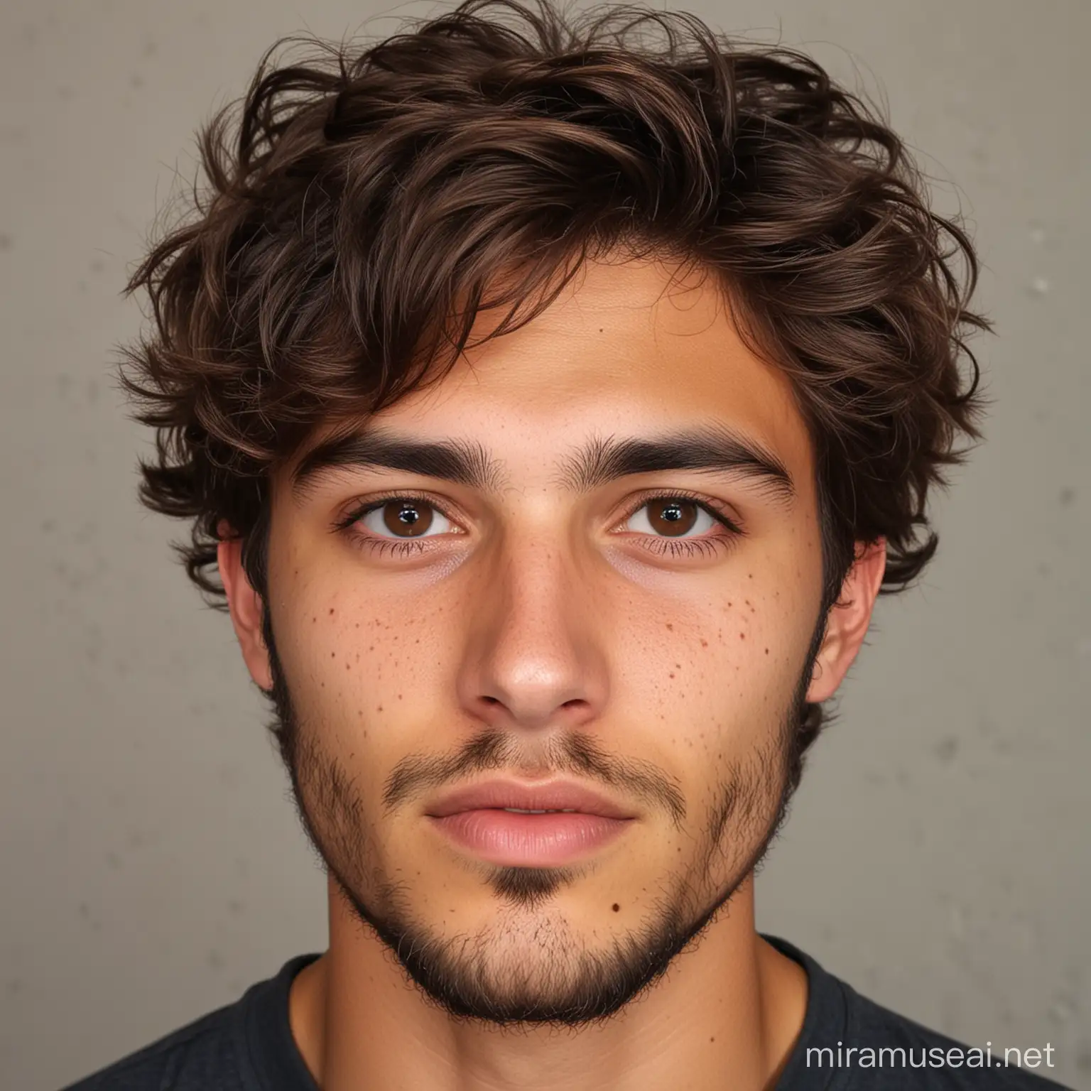 Young Man with Wavy Hair and Unkempt Beard in Natural Light Portrait