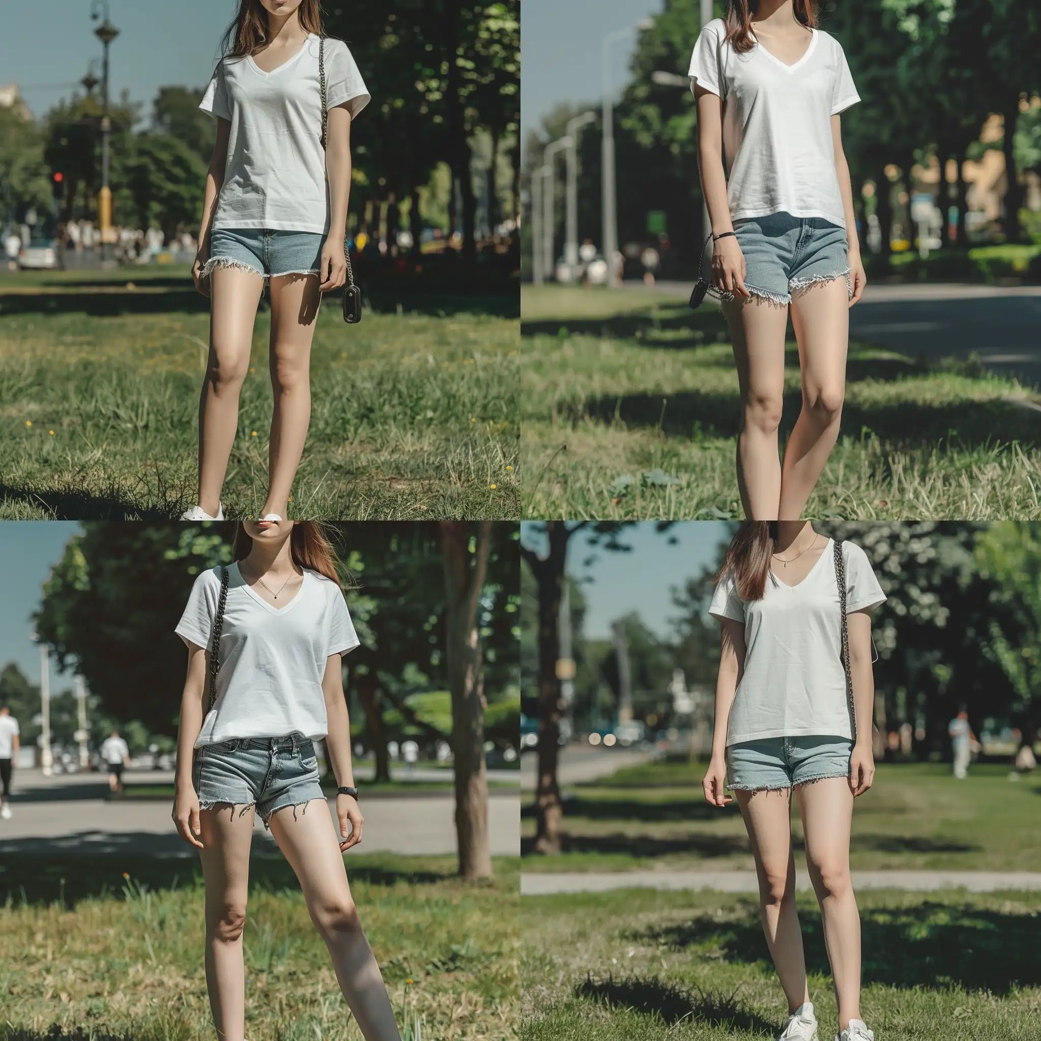 Stylish-Summer-Stroll-Girl-in-White-TShirt-and-Denim-Shorts