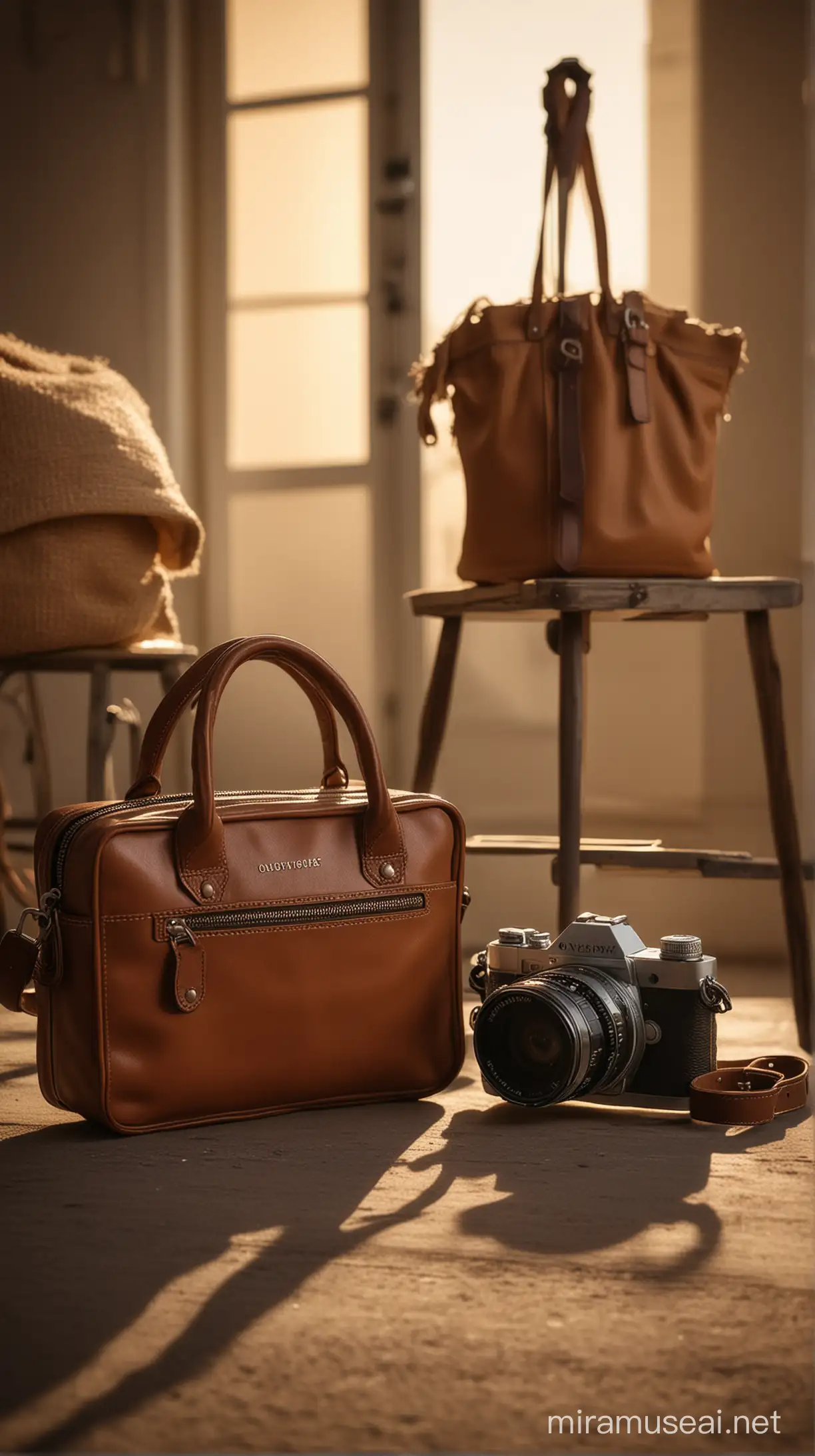 Nadyva's allure: Gender-neutral bags, stylish eyewear, artisanal baby toys. Industrial-chic setting. Evening glow. Vintage camera, wide-angle lens. Dramatic shadows, balanced composition