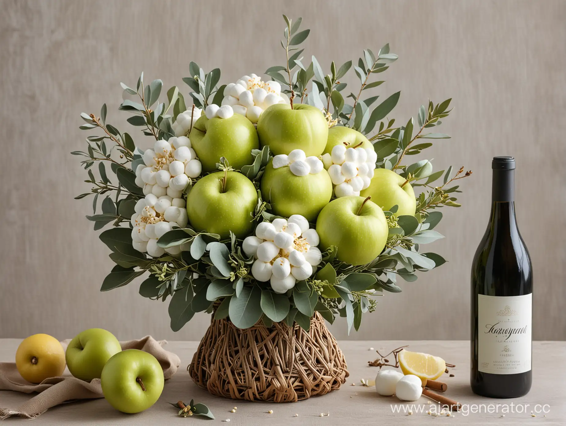Edible-Fruit-and-Marshmallow-Arrangement-with-Eucalyptus-and-Wine