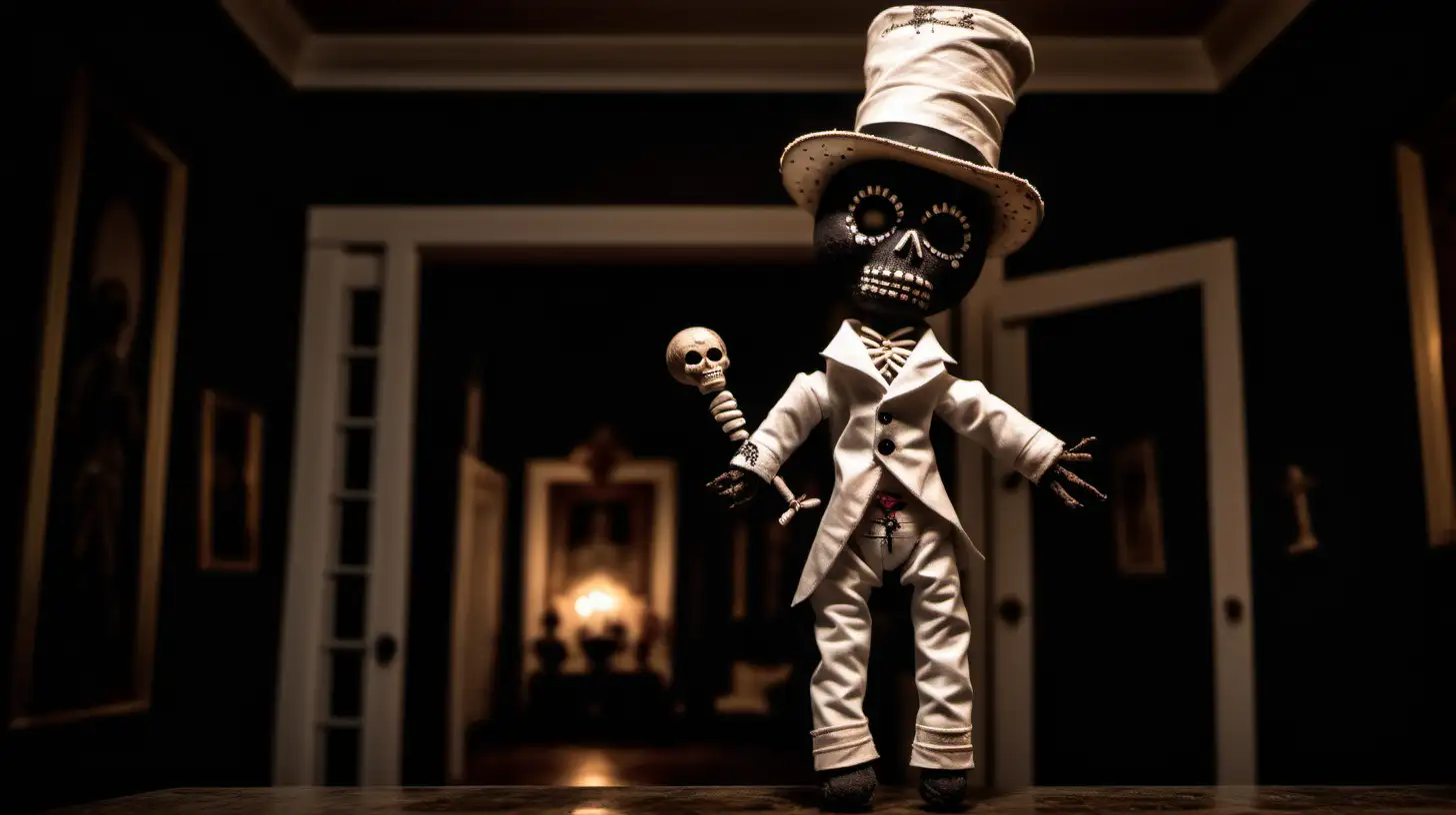 A voodoo doll that looks like baron samedi inside a dark louisiana mansion at night.
