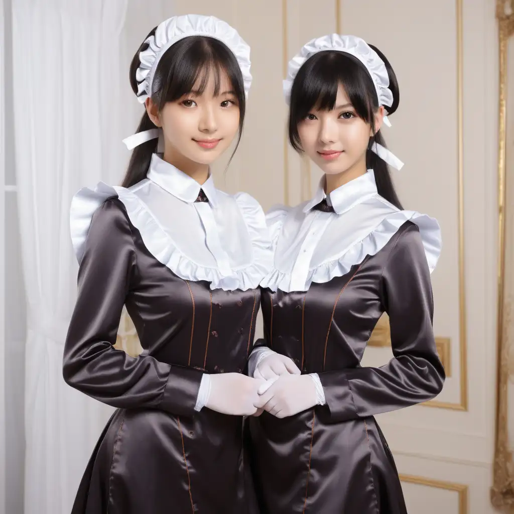 Girl in satin long maid uniforms