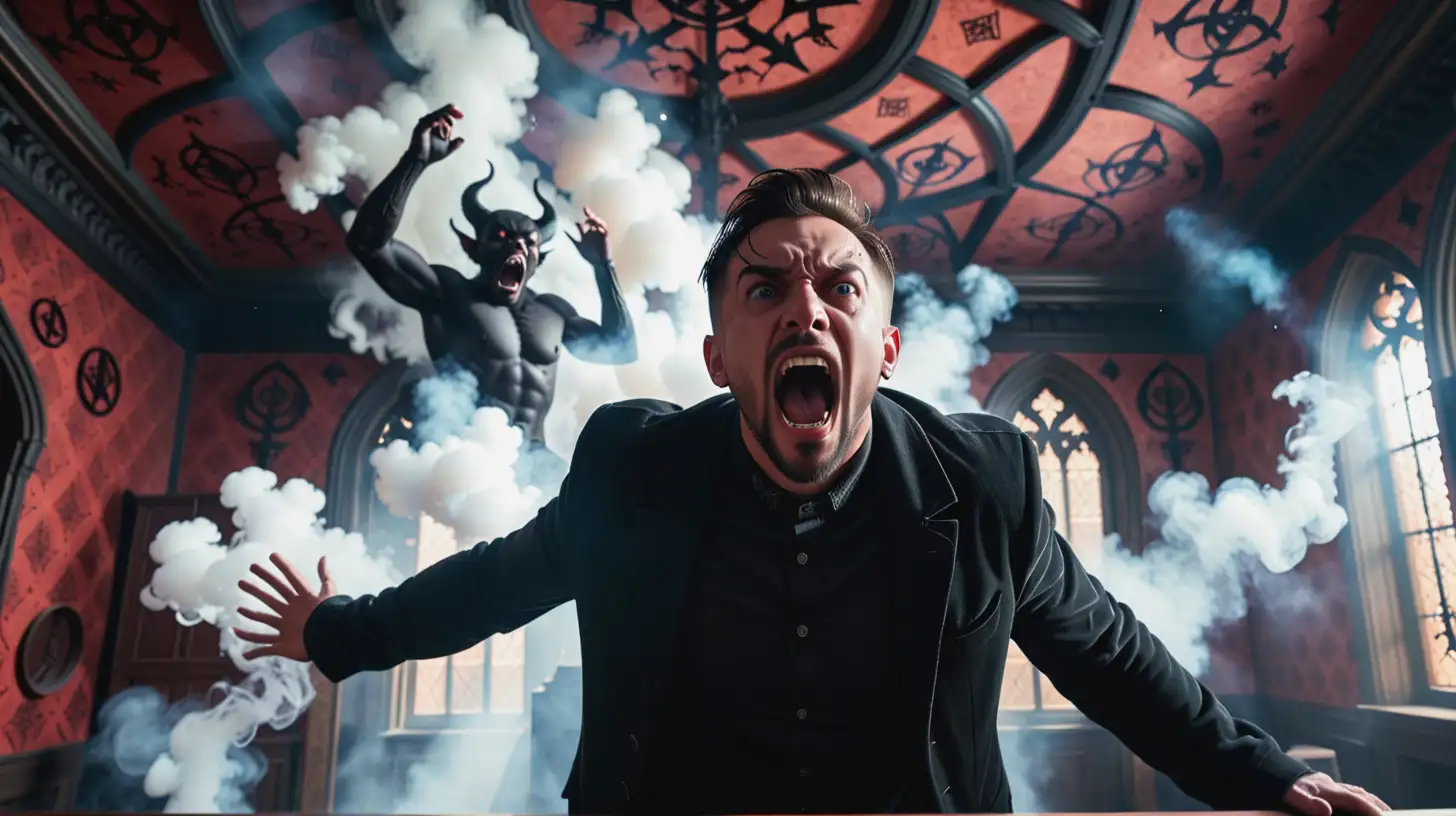 Image of a man screaming at the ceiling. The background is a gothic room with demon symbols in smoke. 
