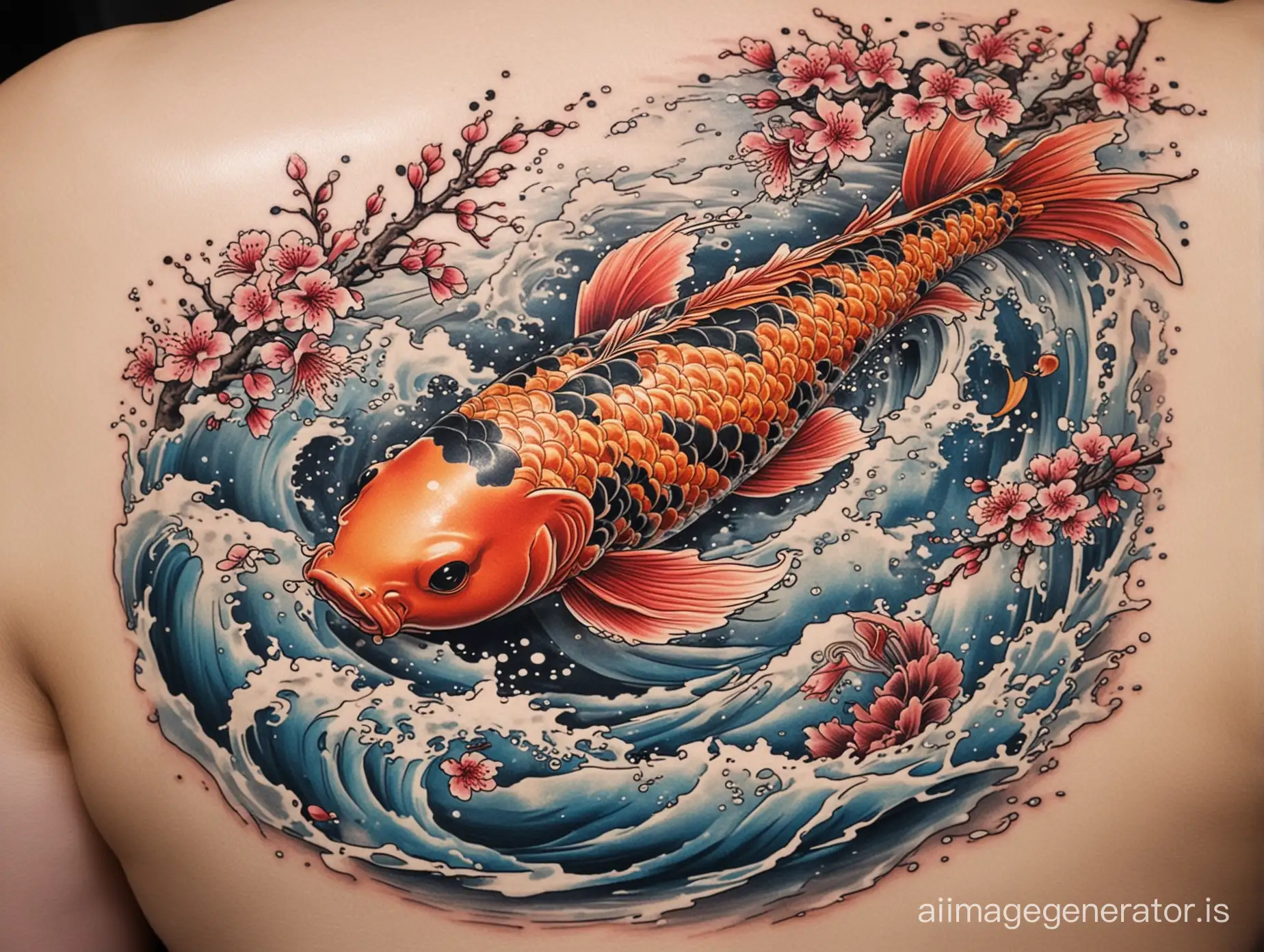 A Japanese irezumi tattoo, showcasing a koi fish swimming upstream amidst swirling waters and cherry blossoms on the shore.